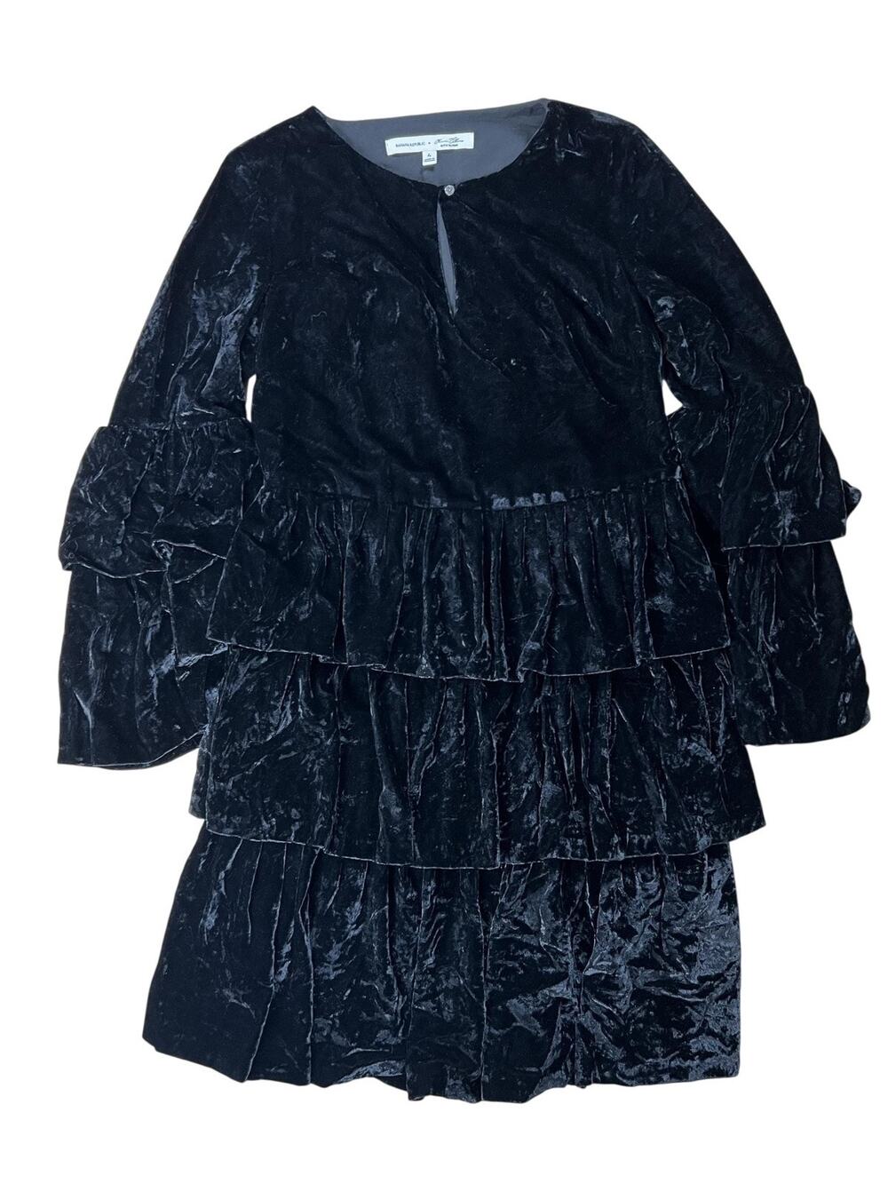 Banana Republic Dress Womens 4 Black Velvet Tiered Ruffle Scoop Neck Long Sleeve